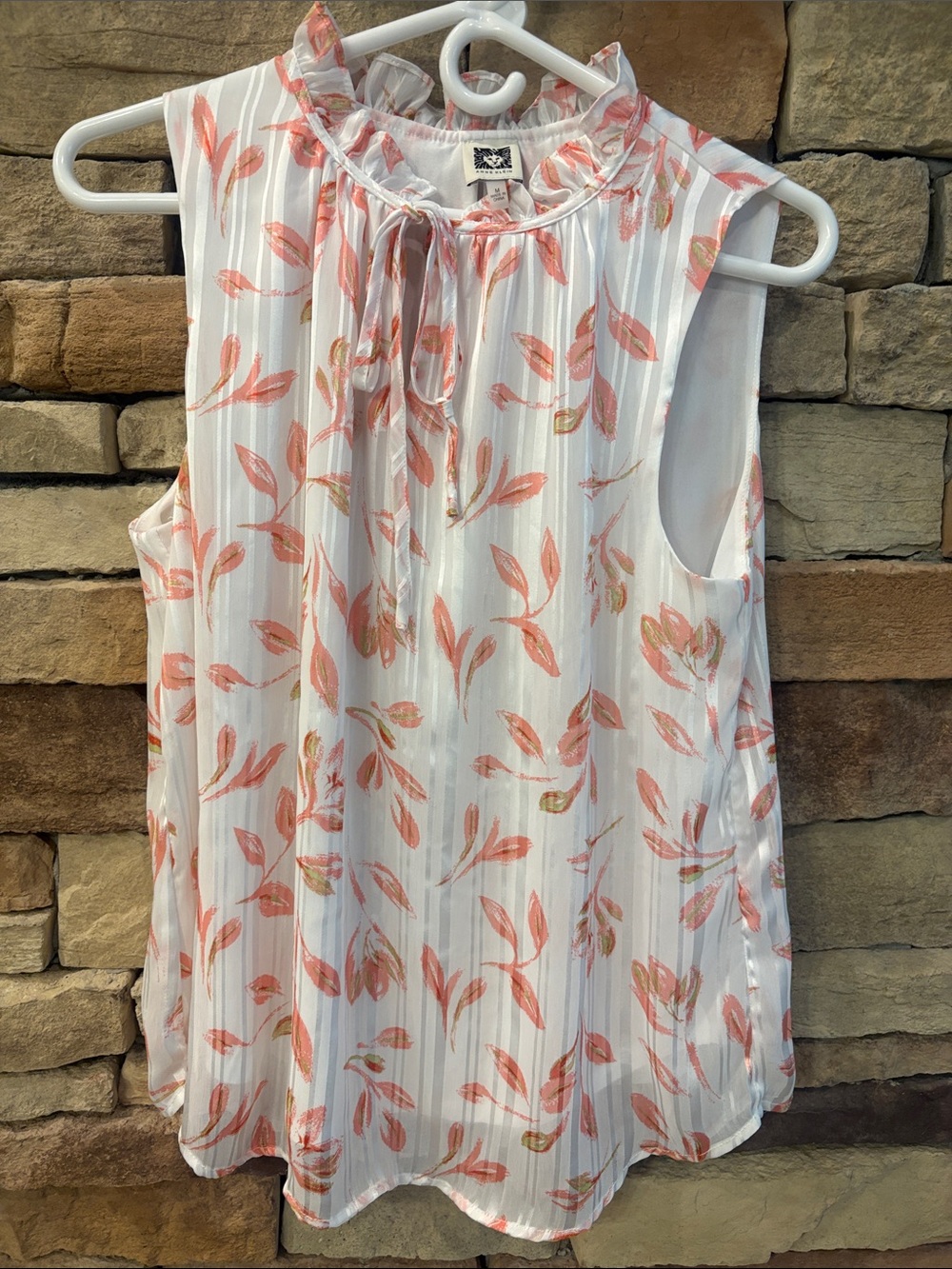 Anne Klein White Sleeveless Ruffle Tie-Neck Top with Coral Leaf Print